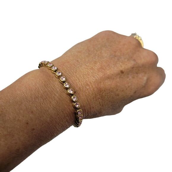 Vintage Signed Avon Pink Rhinestone Gold Tone Circle Box Chain Tennis Bracelet - Picture 1 of 11